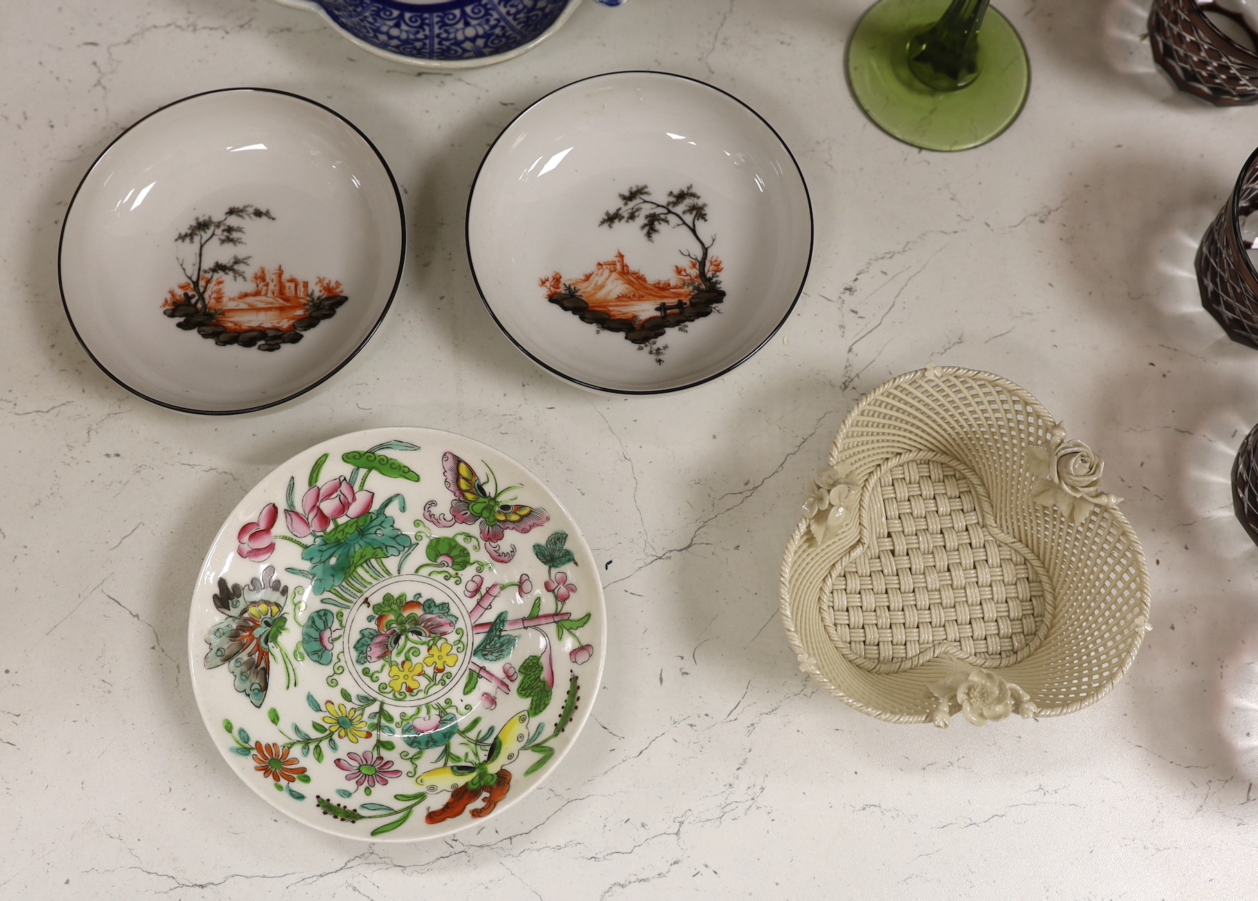 A French ruby lustre and ormolu mounted centrepiece, a green faceted glass bowl and cover, two Nymphenburg dishes, a pearlware dessert dish and other ceramics and glass